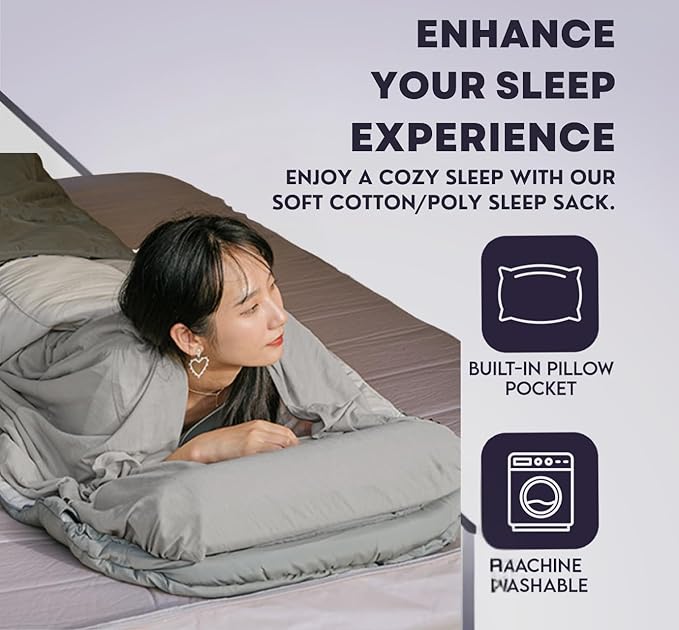 XL Sleeping Bag Liner Sleep Sack for Adults, Travel Sheets for Hotel, Camping Sheets, Self Tan Sleep Sack, Sleeping Liner Cotton/Polyester Blend with 2-Way Zipper & Pillow Pocket, Warm Cold Weather