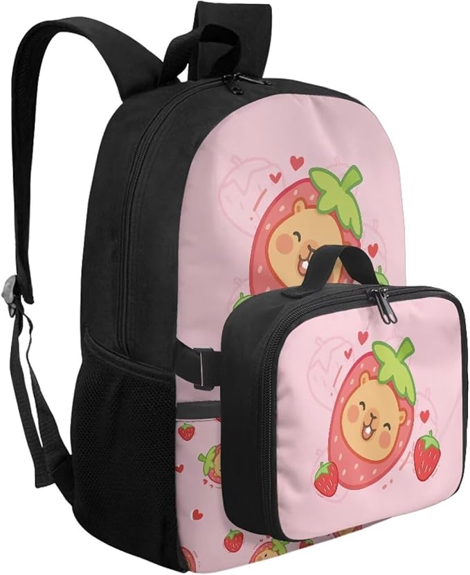HUGS IDEA Strawberry Capybara Backpack for School Girls Cute Bookbag with Insulated Lunch Bag for Elementary Girls Kids Travel Backpack Set Large 17 Inch Schoolbag for Students Study Daypack
