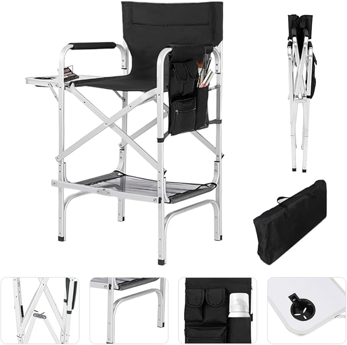 Professional Tall Makeup Chair with Folding Side Table & Storage, Portable and Sturdy Directors Chair for Makeup Artists & Beauty Enthusiasts