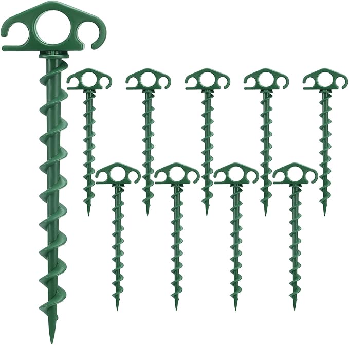 Tent Stakes Ground Anchors Screw in, 10 Pack Sand Stakes for Beach 9.4 Inch Heavy Duty Spiral Tent Pegs for Camping, Party, Hiking, Outdoor Decoration (10, Green)
