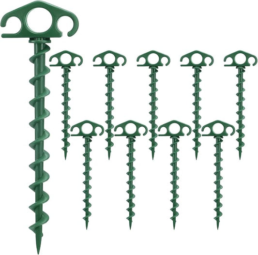 Tent Stakes Ground Anchors Screw in, 10 Pack Sand Stakes for Beach 9.4 Inch Heavy Duty Spiral Tent Pegs for Camping, Party, Hiking, Outdoor Decoration (10, Green)