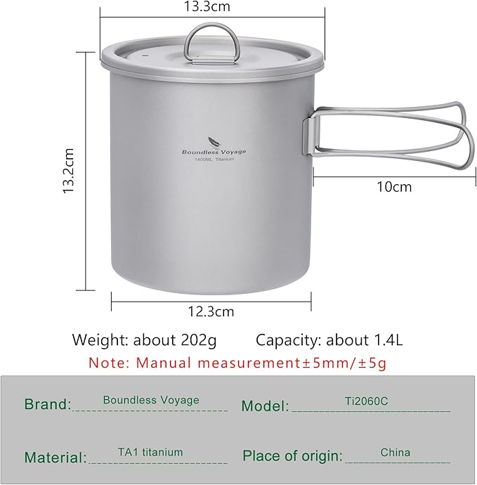 iBasingo 1400ml (1.4L) Titanium Camping Pot Cup Ultralight Backpacking Cookware with Folding Handle & Lid Durable Outdoor Cooking Kit for Travel Hiking Picnic