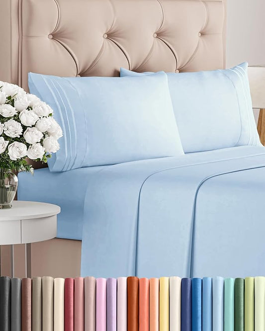 Queen Size 4 Piece Sheet Set - Comfy Breathable & Cooling Bed Sheets Set - Hotel Luxury Bedding for Women, Men, Kids, Teens, Boys & Girls - Deep Pockets, Soft and Wrinkle Free - Oeko-Tex - Light Blue