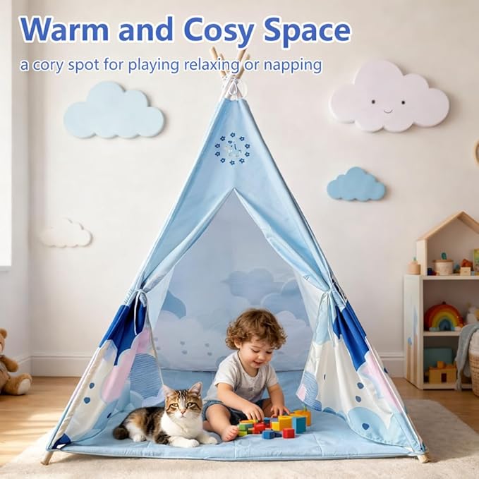 Pony Teepee Tent for Kids and Pets Blue Cloud Play Tent with Mat & Windows, Foldable Indoor Toddler Tent for Boys & Girls, Cute Pony Playhouse for Kids and Cat Cozy Hideout for Reading and Cat House
