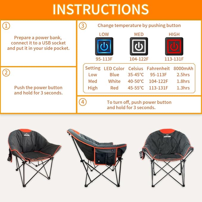 OUTDOOR LIVING SUNTIME Oversized Heated Camping Chair,3 Heat Levels, Portable Folding Lawn Chairs for Adults Outdoor Sports Support 400 LBS，Padded Moon Leisure Chair for Camping,Battery Not Included