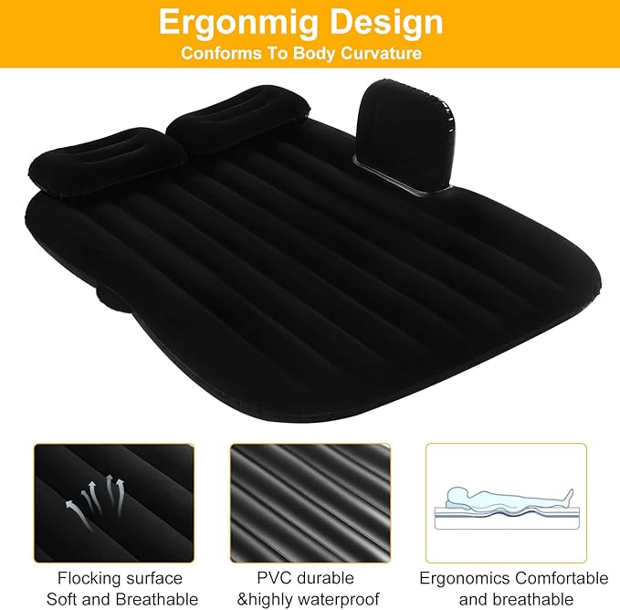 Car Air Mattress Portable Car Bed Back Seat Camping Bed Inflatable Dog Bed for Car Universal SUV Camping Mattress with Car Air Pump 2 Pillows (Black)