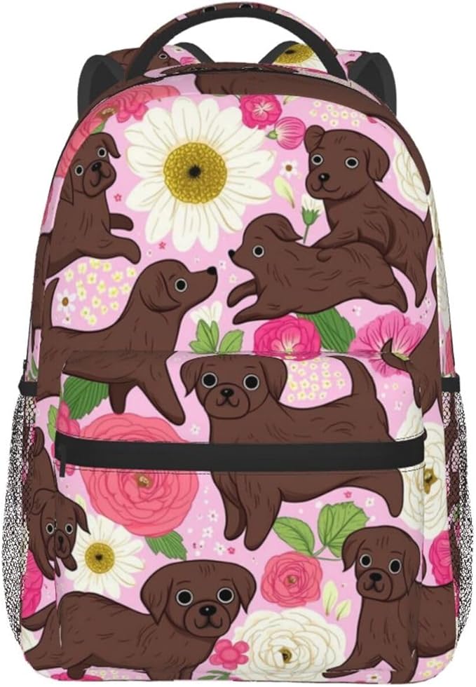 Lightweight Daypack Backpack for Sports Travel Running, Large Capacity Multipurpose Anti-Theft Bookbag, Golden Retriever Dog Pink Flower Laptop Backpack Daypack