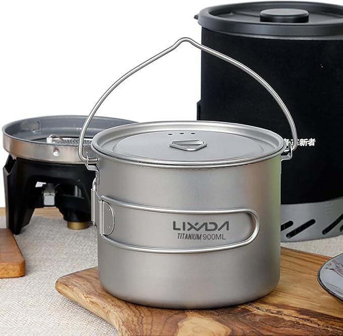 Titanium Pot, 750ml/900ml/1100ml Ultralight Titanium Pot Water Mug Cup with Lid and Foldable Handle Outdoor Camping Cooking Picnic