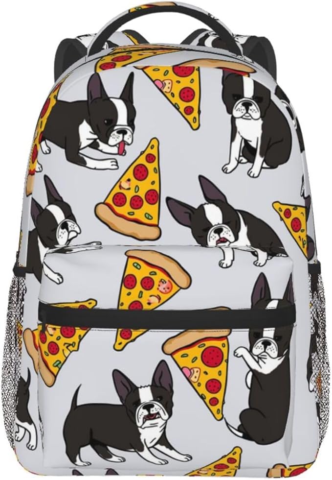 Polyester Daypack for Hiking Work Running, Big Capacity Anti-Theft Multipurpose Shoulder Bag, Grey Boston Terrier Dog Pizza Travel and Sport Backpack Rucksack