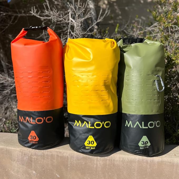 Malo’o DryPack 30L Waterproof Kayak Dry Bag, Heavy Duty Roll-Top Dry Bag with MOLLE Grid and Carry Straps for Fishing, Paddle Boarding, Boating, Camping, and Travel, Yellow