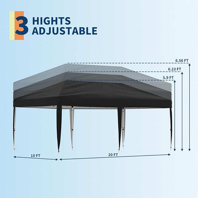 10x20 Pop Up Canopy Tent Outdoor Canopy with No Removable Sidewall One-Person Set Up Heavy Duty Commercial Instant Tent Shelter-Black