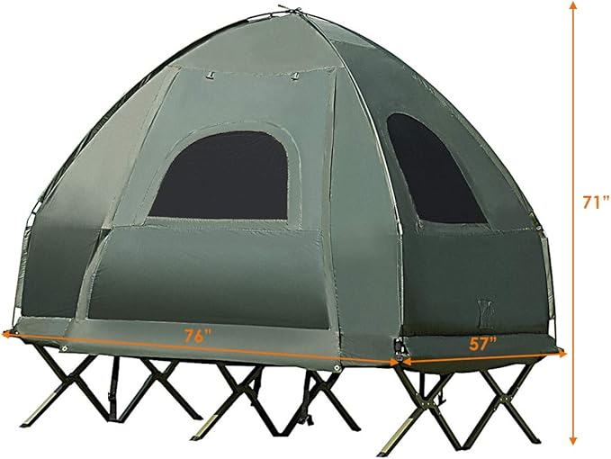 Double Tent Bed, Portable Camping Tent with Air Mattress and Pillow, Folding Camping Cot of Metal Frame, Double Sleep Bag with Polyester Canopy, for Outdoor Family Camping Picnic - Military Green