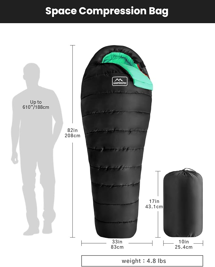KAMPKEEPER Mummy Sleeping Bag for Adults,3-4 Seasons Cold Weather,Waterproof,Lightweight,Non-Snag Zipper with Adjustable Hood Perfect for Backpacking, Hiking,Camping