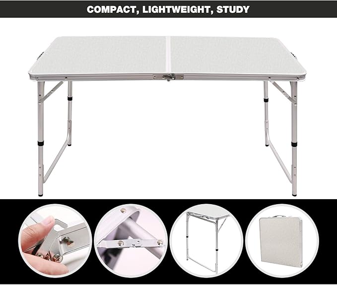 RedSwing 4 Feet Folding Camping Table Adjustable Height, Lightweight Portable Aluminum Frame Table for Picnic Beach Outdoor Indoor, 47.2''L x 23.6'' W x 22''/27'' H