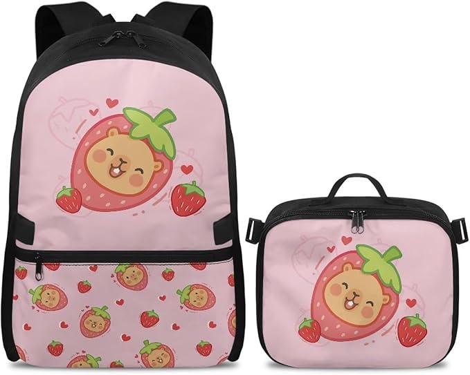 HUGS IDEA Strawberry Capybara Backpack for School Girls Cute Bookbag with Insulated Lunch Bag for Elementary Girls Kids Travel Backpack Set Large 17 Inch Schoolbag for Students Study Daypack