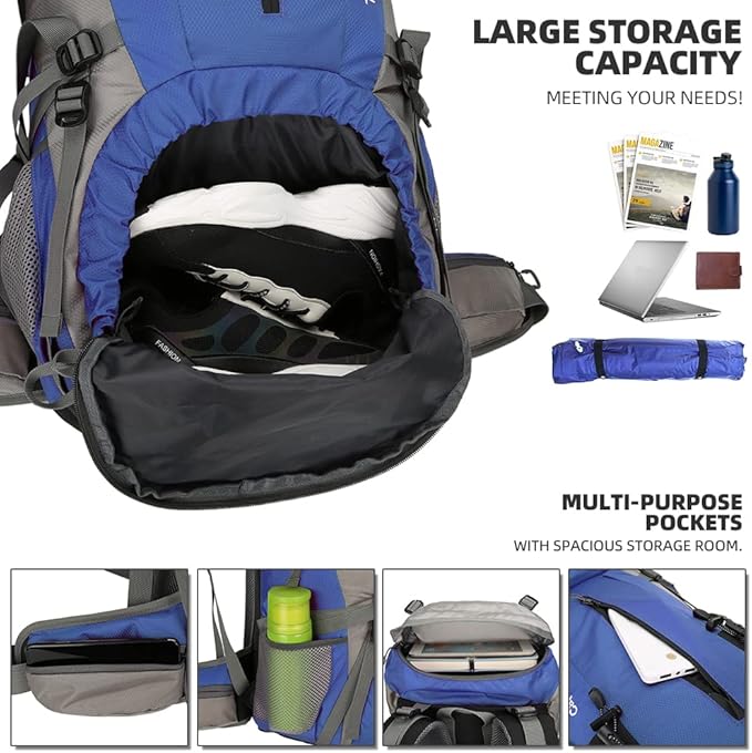 King'sGuard 70L Hiking Backpack with Rain Cover Lightweight Waterproof Travel Camping Backpack Large Backpacking Pack