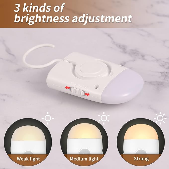 Motion Sensor LED Night Lights Warm White with Adjustable Brightness Rechargeable Battery, with Hook and Stick-On for Cabinet, Wardrobe,Closet,Hallway, Stairs (2 Pack)