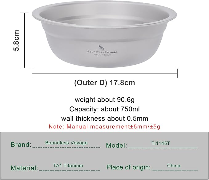 Boundless Voyage Titanium Camping Plate Bowl Set Rice Soup Salad Stackable Serving Bowls Ultralight Dinnerware Set Dishwasher Safe 750ml ti1145T