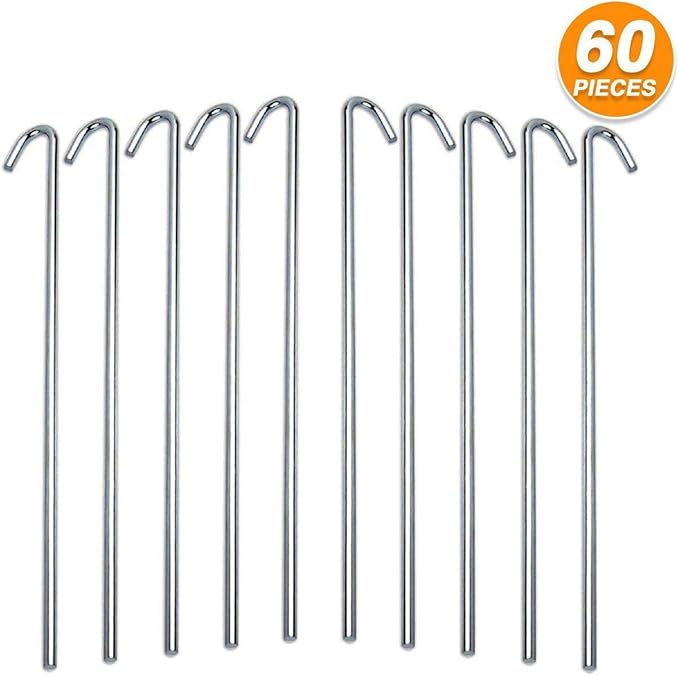 60 Pack Tent Stakes for Outdoor Camping Heavy Duty Metal, Galvanized Rust-Free Yard Stakes, 60 Garden Edging Fence Hooks, Garden Stakes for Gardening & Canopies, Tent Pegs - by Ram-Pro