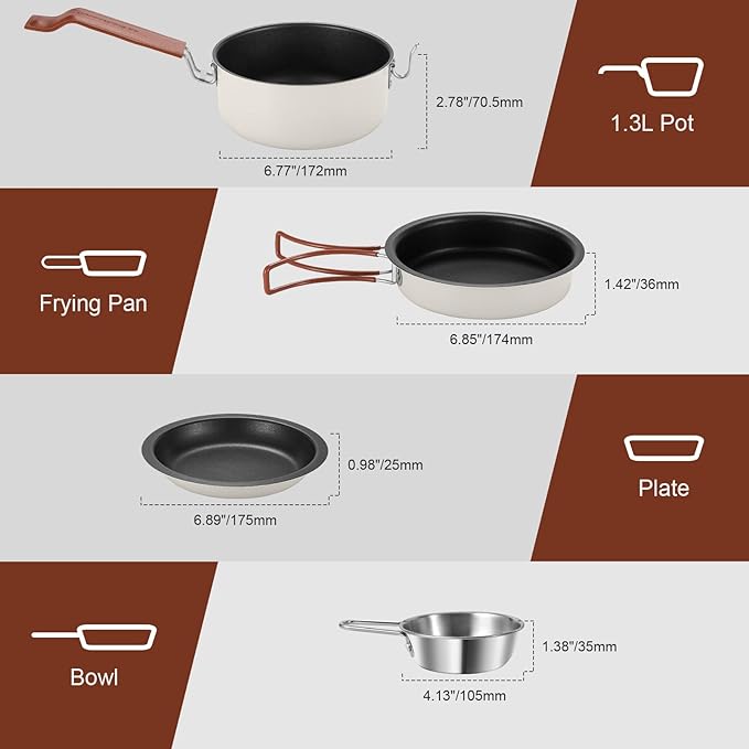 Odoland 10pcs Camping Cookware Non-Stick Camping Pot and Pan Set with Plate Bowl Fork Knife Spoon for Backpacking, Hiking, Outdoor Cooking and Picnic