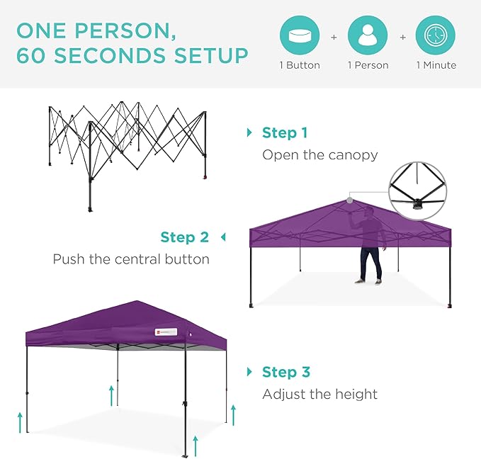 Best Choice Products 12x12ft Pop Up Canopy Tent, Outdoor Shade, 1 Person 1 Minute Set Up, Carry Case, 4 Weight Bags - Amethyst Purple
