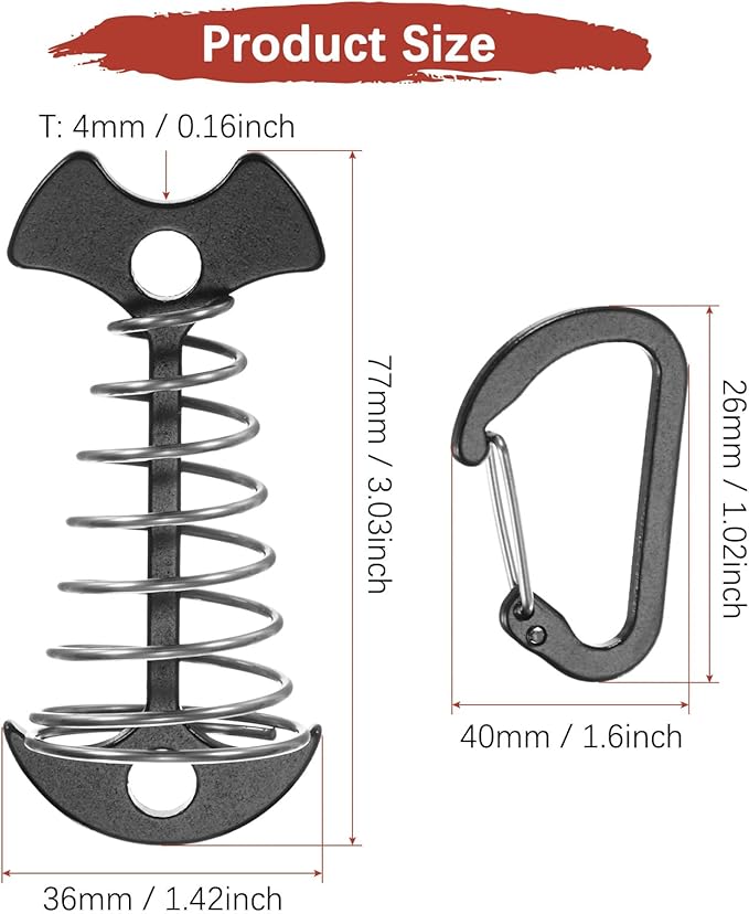 Fishbone Deck Anchor Pegs with Buckles [10PCS] - Aluminium Tent Stakes with Spring Buckle Use for Camping & Hiking - [Black] Windproof Tie Down Tent Stakes