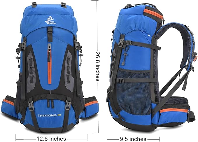 Bseash 60L Hiking Camping Backpack with Rain Cover, Waterproof Large Capacity Outdoor Sport Travel Daypack Climbing Touring (Light Blue)