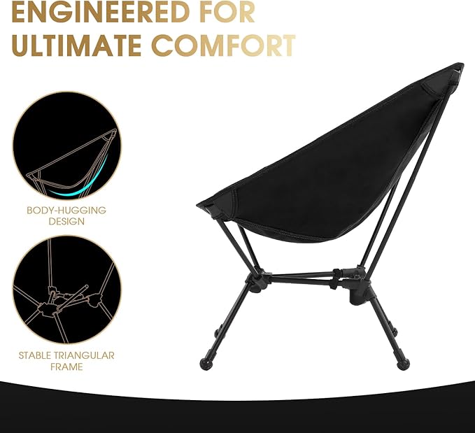 MOON LENCE Portable Camping Chair, Lightweight Folding Backpacking Hiking Chair, Plus Size Compact Yet, Support 330 lbs (Black)