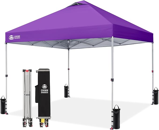 CROWN SHADES 10x10 Pop Up Canopy - Beach Tent with One Push Setup - Easy Outdoor Sun Shade for Events, Parties, Camping - Gazebo with STO-N-Go Cover Bag, Silver Coated Top, Purple