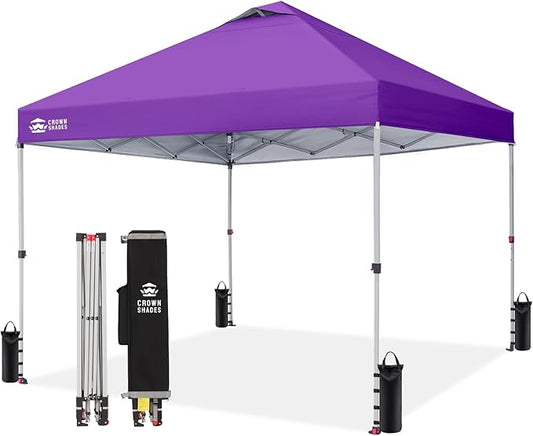 CROWN SHADES 10x10 Pop Up Canopy - Beach Tent with One Push Setup - Easy Outdoor Sun Shade for Events, Parties, Camping - Gazebo with STO-N-Go Cover Bag, Silver Coated Top, Purple