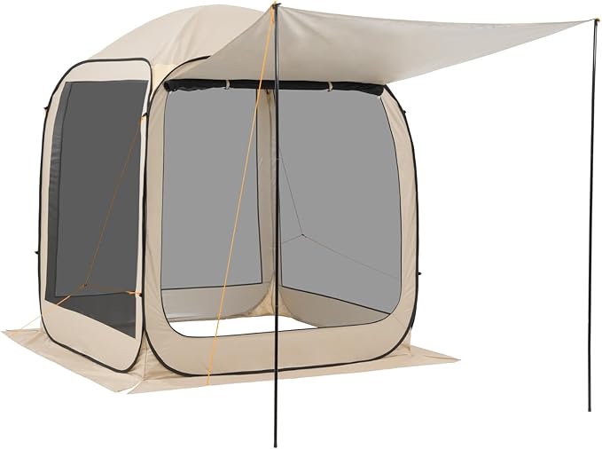 VEVOR Pop Up Screen House Tent, 6 x 6 ft, 4-6 Person Screen Gazebo with Extended Awning, Portable Screened in Canopy with Carry Bag, Netting Sides, for Patio, Backyard, and Outdoor Activities, Beige