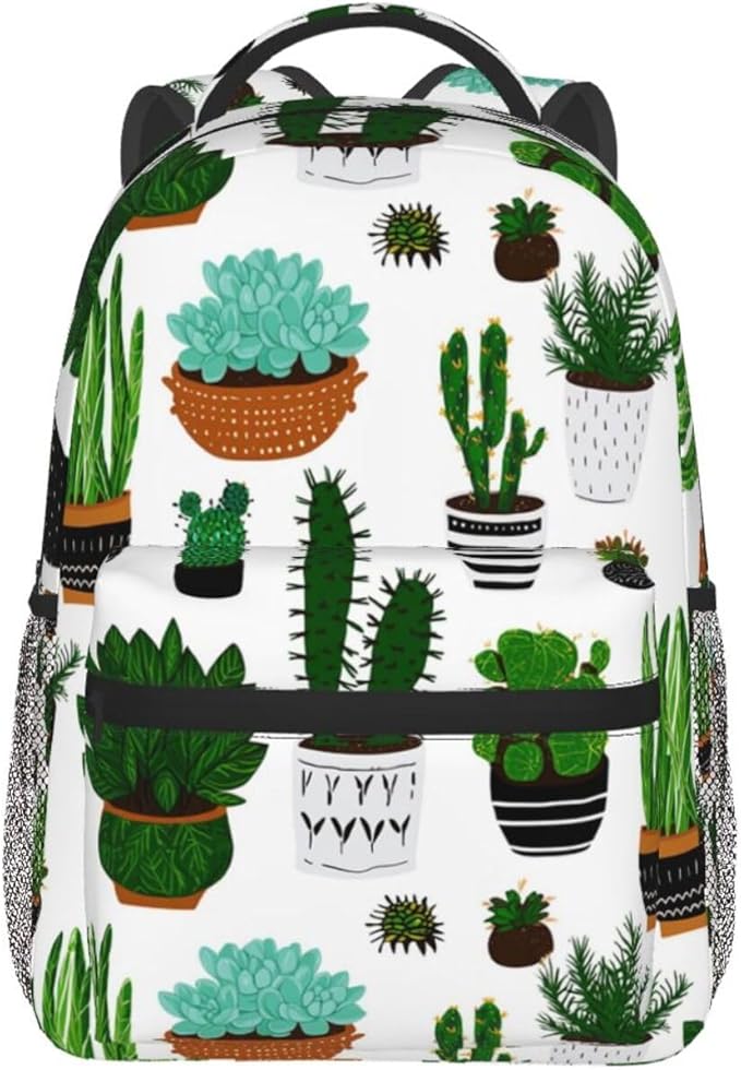 Men Women Lightweight Green Cactus Art Backpack Large Capacity Bookbag With Smooth Zippers for Gym Business Running