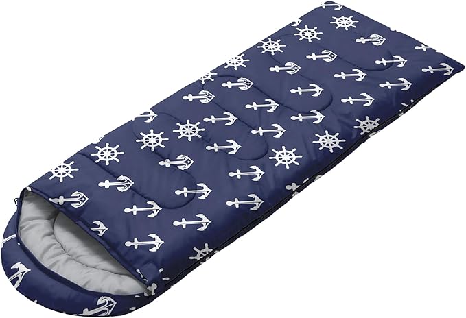 AILONEN Boys Sleeping Bag for Camping,Nautical Anchor,Lightweight & Waterproof,3 Season Warm & Cool Weather,Navy Blue Sleeping Bags for Kids Men Travelling,Outdoors