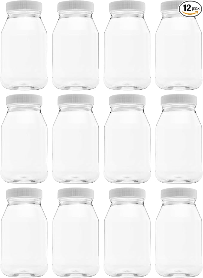 12 Pack of 32 Ounce Plastic Quart Jars with 70RG Leak Proof Seal Lid - Food Grade and BPA Free (32oz, 6pk)