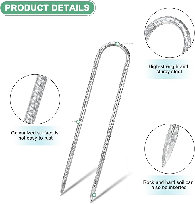 10-Pack High Duty Ground Stakes, 12 Inch U-Shape Hook Rebar Stakes Steel Metal Camping Tent Anchor for Yard Landscape/Swing Sets/Fence/Garden