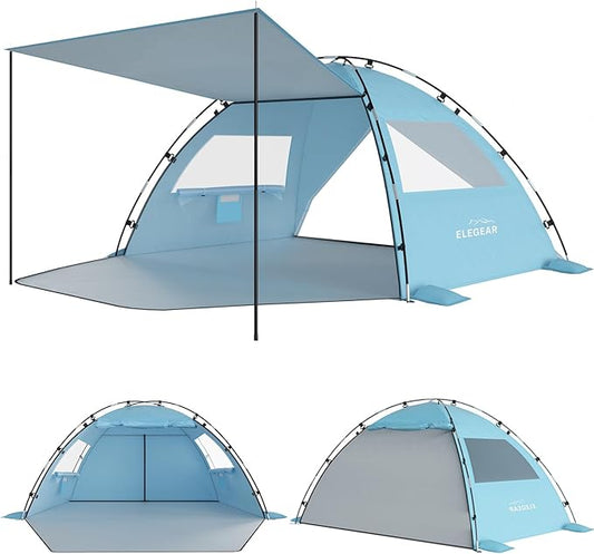 Elegear CumbreX™ Beach Tent Sun Shelter with Canopy, 6-8 Person Beach Tent, Easy Setup UPF 50+ UV Protection Portable Lightweight Double Silver Coating Cabana Sun Shade Shelter - Sky Blue