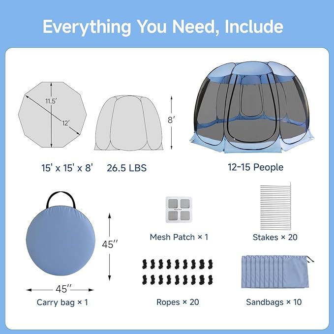 Alvantor® Pop Up Screen House Gazebo, Portable Mosquito Net Tent, UV Protected Sun Shelter for Patio, Backyard & Camping, Instant Setup for 2-10 People