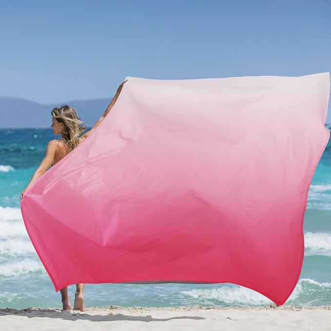 Beach Blanket Waterproof Sandproof, 110''×118'' Extra Large Beach Mat for 8 Adult, Gradient Pink Picnic Blankets w/Stakes, Compact Quick Drying Outdoor Blanket for Travel, Camping, Hiking