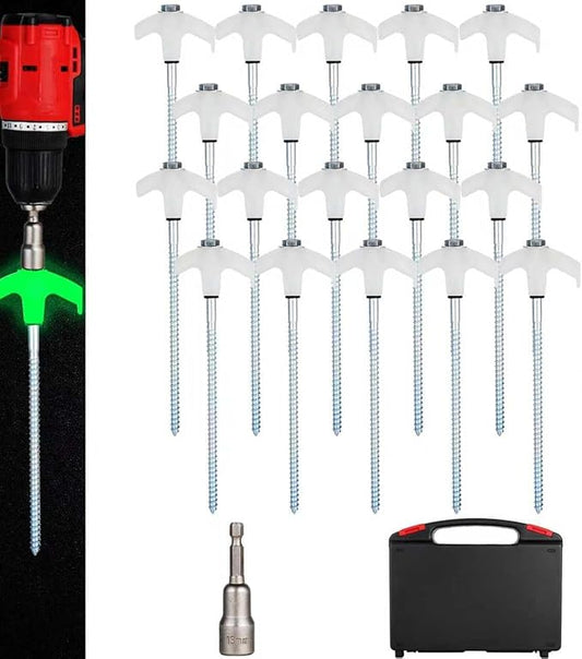 20 Pack Screw in Tent Stakes Heavy Duty,8 ’’ Ground Anchors Screw in,Metal Stakes with Hex Head Driver and Sturdy Storage Box. (20, Luminous White)