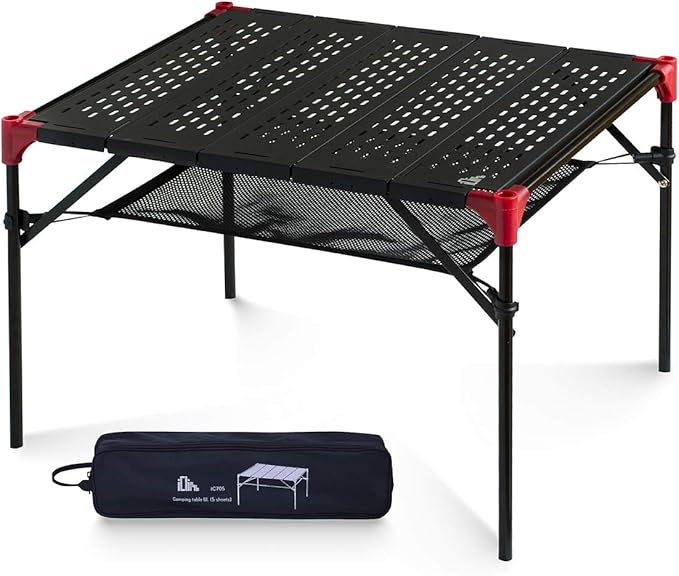 iClimb Extendable Folding Table Large Tabletop Area Ultralight Compact with Hollow Out Tabletop and Carry Bag for Camping Backpacking Beach Concert BBQ Party, Three Size (Black - L)