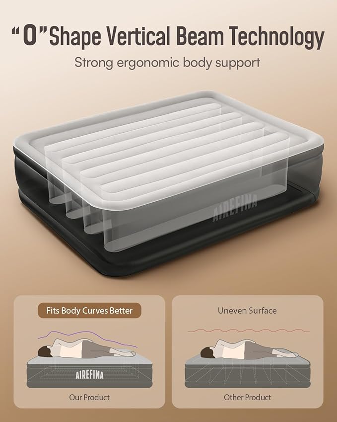 Airefina Air Mattress Queen with Built in Pump, Comfort Inflatable Blow up Mattress, Upgraded Vertical Beams Air Bed for Guest Home Use, Self Inflatable/Deflation in 3 Mins, Colchon Inflable