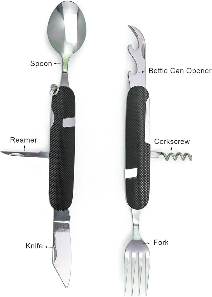 6-in-1 Multi-Function Camping Utensil Flatware Set Detachable Spoon Fork Knife Combo Mess Kit with Carrying Pouch (Black + Gold + Green)