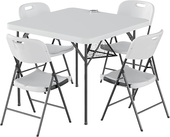 VECELO Folding Card Table Square and Chairs Set, Collapsible Legs & Portable for Indoor/Outdoor, Picnic, 5 Piece, White