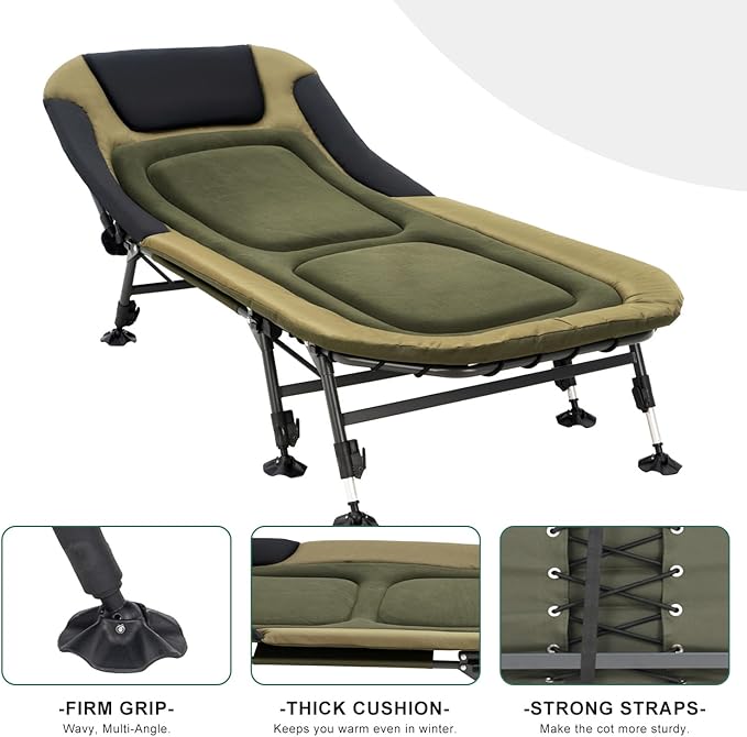 XL Folding Camping Cot with Mattress for Adults, Oversized Camping Bed with Carry Bag, 180° Adjustable Recliner, Portable Outdoor Lounger for Camping, Hiking, Outdoor, Green
