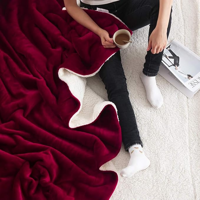 NANPIPER Bed Blanket Reversible Sherpa Flannel Blanket Super Soft Fuzzy Plush Fleece Microfiber (90"x90" Wine Red) Queen