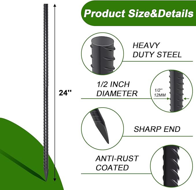 AAGUT Rebar Stakes 24 Inch Straight Garden Plant Stakes (20 pcs) 1/2" Thickness, Heavy Duty Metal Spikes for Concrete Forming, Landscape Timber, Fence, Ground Anchors with Chisel Point End, Black