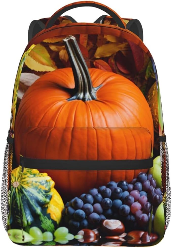 Shoulder Book Bags Anti-Theft Multipurpose Big Capacity Bookbag, Thanks Giving Pumpkin Corn Fruit Art Travel Hiking Backpack With Smooth Zippers