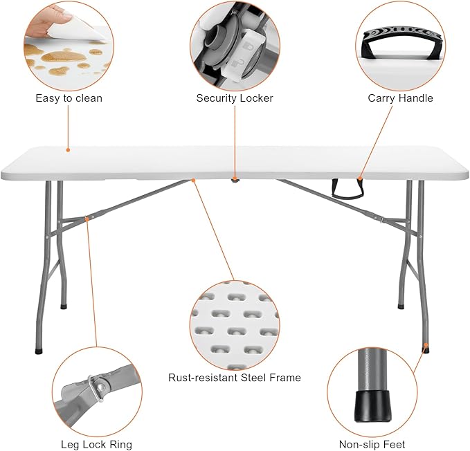 SKOK 330lbs Folding Picnic Table 6 Foot, 6FT White Plastic Picnic Table Portable with Carry Handle, White Tailgating Utility Commercial Craft Table with Heavy Duty Frame for Party