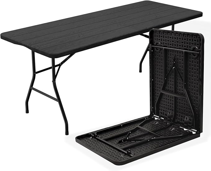 70.8" W X 29" D X 29" H - 6 ft Folding Table Black Wood Grain Portable Heavy Duty Plastic Fold-in-Half Utility Foldable Table for Camp，Picnic & Party