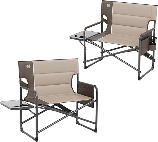 TIMBER RIDGE XXL Director’s Chair – Heavy Duty Folding Chair with Side Table, 500 lb Capacity, Extra Wide Padded Seat for Camping, Sports, Beach, Patio, and Outdoor Use, Tan-2 Pack